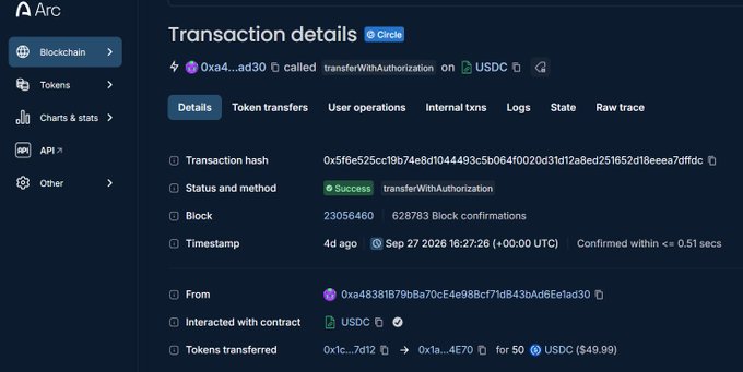 A screenshot of an Arc blockchain transaction details page showing a successful USDC transfer of $49.99 with 628,783 block confirmations.