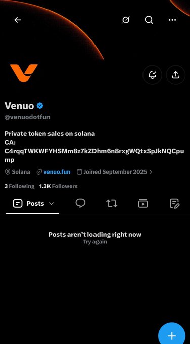 A X/Twitter profile for 'Venuo' (@venuodotfun) displays the description 'Private token sales on solana' along with a Solana contract address, showing 3 Following and 1.3K Followers.