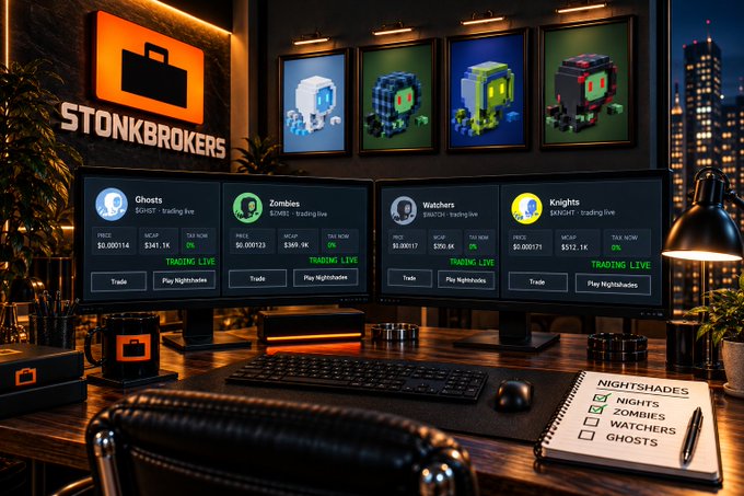 A dual-monitor gaming setup branded with the "STONKBROKERS" logo displays trading screens for "Ghosts," "Zombies," "Watchers," and "Knights" under the "NIGHTSHADES" banner, with a notebook on the desk listing the four categories as Knights, Zombies, Watchers, and Ghosts.