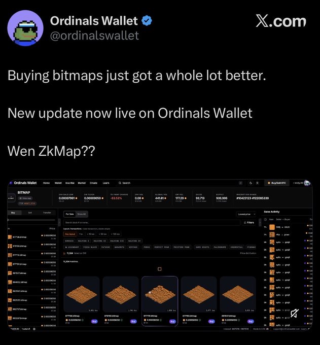 A tweet from Ordinals Wallet (@ordinalswallet) announces a new update for buying bitmaps, asking 'Wen ZkMap??' and showing a screenshot of their marketplace.