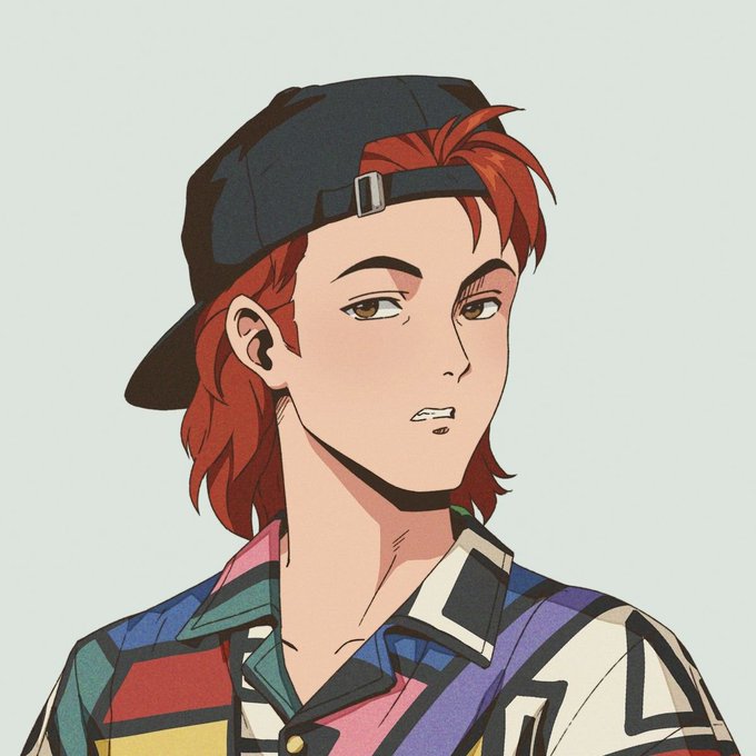 An anime-style illustration depicts a young man with red hair wearing a black backward cap and a colorful geometric-patterned shirt against a white background.