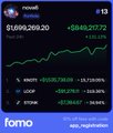 A small image of a stock chart showing an upward trend for an asset with values $1,693,269.20 and +$848,217.72, from the Fomo app.