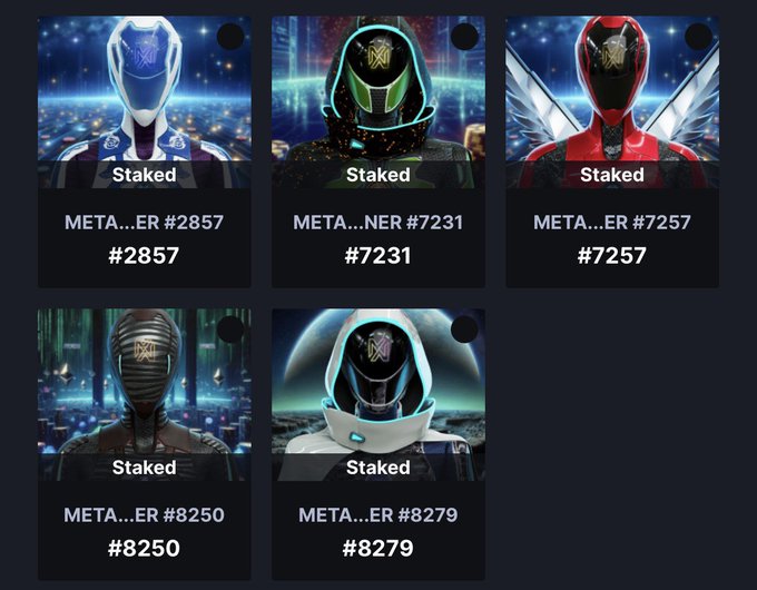 The image shows five staked NFT collectibles from the MetaWinners collection, with token IDs #2857, #7231, #7257, #8250, and #8279 displayed beneath their respective hooded character designs. The "Staked" labels on each item support the post's claim about securing free entries into the Daily Holders Competition at @MetaWin by keeping the NFTs staked.