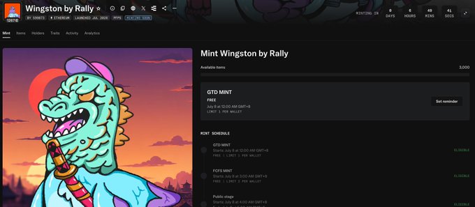 A screenshot of the Rally.io NFT marketplace showing the "Mint Wingston by Rally" page with 3,000 available items, highlighting a free GTD MINT scheduled to begin July 9 at 12:00 AM GMT+8, requiring only ETH mainnet gas fees. The page features a colorful dinosaur samurai character illustration, aligning with the post's promotion of a free midnight NFT mint opportunity.
