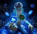 A pixel-art gorilla in a sailor's outfit and captain's hat holds glowing blue orbs in a futuristic space setting, visually representing the post's theme of "holding $APE" by embodying the mascot-like ape imagery associated with the APE token/cryptocurrency.
