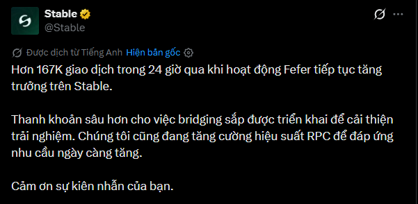 A tweet from Stable (@Stable) in Vietnamese announcing over 167K transactions in 24 hours due to increased Fefer activity on the platform, mentioning upcoming bridging and RPC performance improvements.