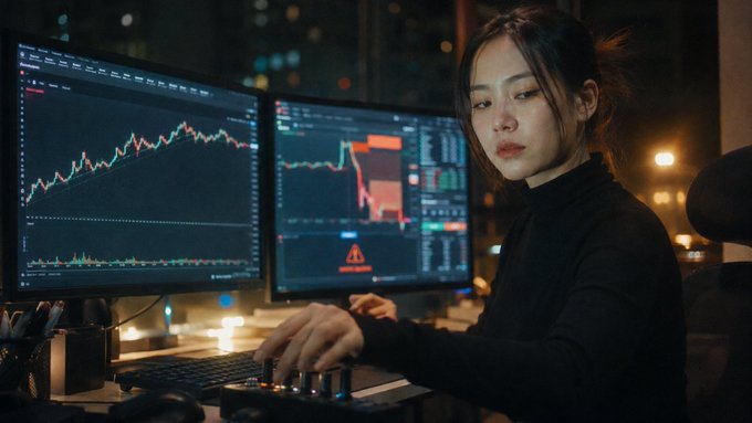 A woman in a black turtleneck working at a dual-monitor trading setup displaying financial charts, with a red 'MARGIN CALL' warning visible on screen.