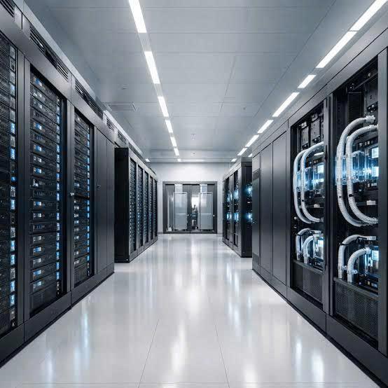 A pristine, empty data center corridor lined with rows of illuminated server racks, symbolizing the critical digital infrastructure that AI-driven banking and financial systems depend on. The image visually reinforces the article's warning about AI's potential to destabilize banking and infrastructure systems.