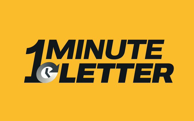 A yellow graphic with bold black text reading '1MINUTE LETTER' and a stylized speech bubble containing a return arrow.