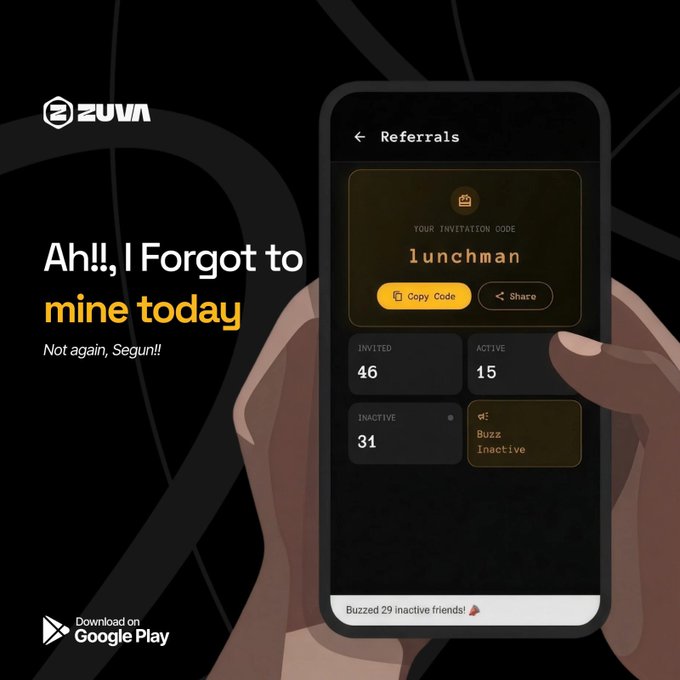 A promotional graphic for Zuva Network features a hand holding a smartphone displaying a "Referrals" page with an invitation code "lunchman" and stats showing 46 invited, 15 active, and 31 inactive miners, accompanied by the headline "Ah!!, I Forgot to mine today" and a "Download on Google Play" badge. The image visually reinforces the post's narrative about users like Segun who forget to mine daily, highlighting Zuva's "Inactive Miners Buzz" feature designed to remind inactive users (like the 31 inactive miners shown) to resume their mining activity.
