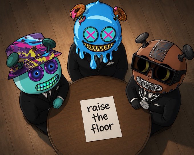 Three cartoonish characters in business suits sit around a table with a sign reading 'raise the floor', featuring a blue dripping creature with donuts on its horns and X eyes.