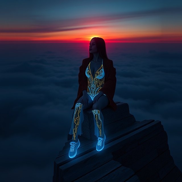 A futuristic digital artwork of a woman with long hair sitting on the edge of a skyscraper above the clouds at sunset, wearing a glowing neon-lit corset, jacket, and sneakers with golden circuit patterns.