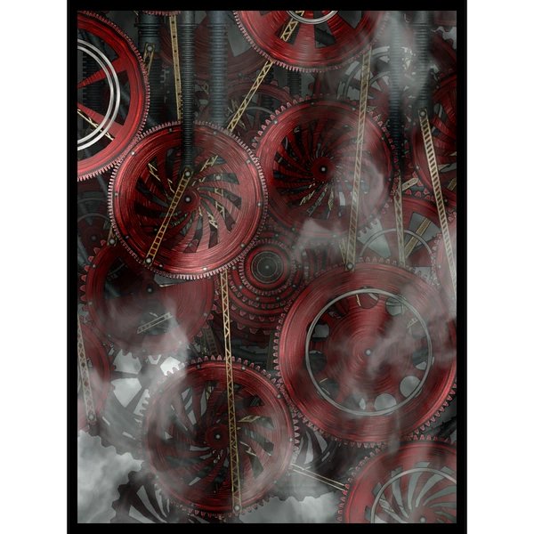 A dark, atmospheric artwork depicting interlocking red gears and cogs with steam or smoke swirling around them.