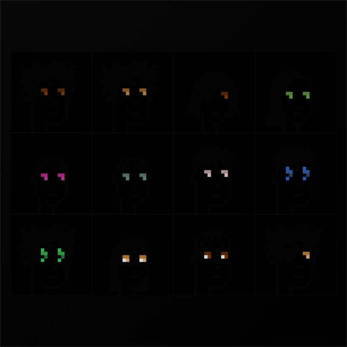 A grid of twelve pixel art character heads in shadow, each showing only their brightly colored, glowing eyes against a black background.