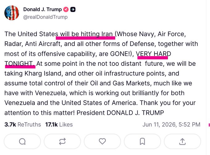 The post contains text that is about Donald Trump's statements on Twitter. The image shows a screenshot of the original tweet with all the text in white, including some pink colored words.