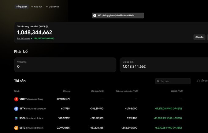 A Vietnamese cryptocurrency wallet interface shows a portfolio balance of 1,048,344,662 VND with holdings in VND, SETH, SSOL, and SBTC.