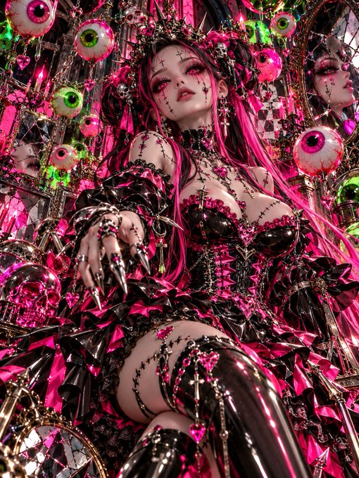 An AI-generated or stylized image of a gothic-fantasy female character with pink and black hair, surrounded by floating eyeballs, dressed in elaborate spiked pink and black attire with crosses.