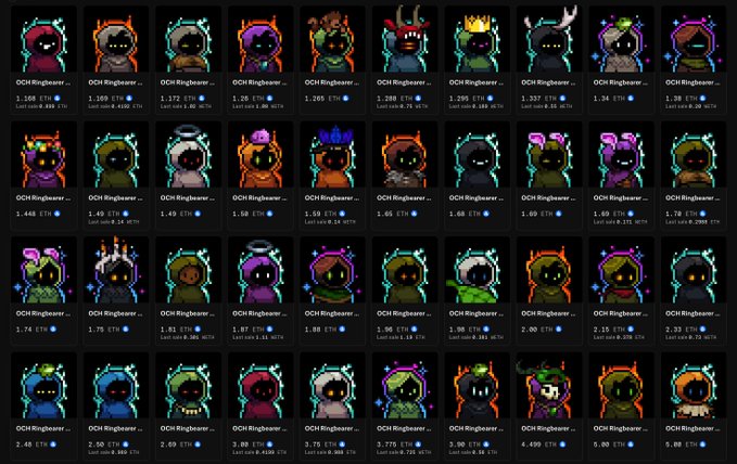 A grid of NFT avatars named 'OCH Ringbearer' with prices listed in ETH, ranging from approximately 1.165 ETH to 5.00 ETH on a marketplace interface.