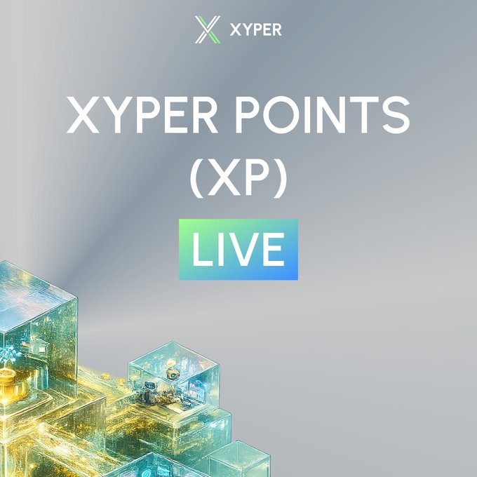 Promotional graphic featuring the XYPER logo at the top, with large white text reading 'XYPER POINTS (XP)' and a green-to-blue gradient button labeled 'LIVE' in the center, set against a background of illuminated glass cubes.