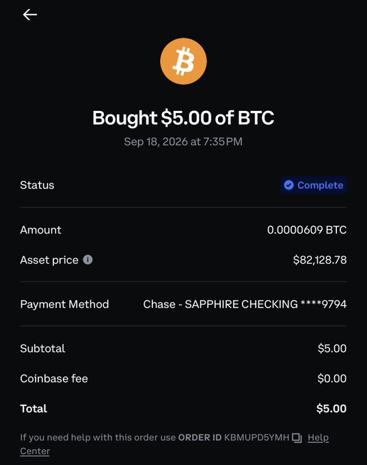 A Coinbase transaction receipt confirms the purchase of $5.00 of BTC (0.0000609 BTC at $82,128.78 per coin) on Sep 18, 2026 at 7:35PM.