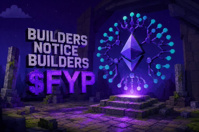 A pixel-art style graphic with the text 'BUILDERS NOTICE BUILDERS $FYP' next to a glowing purple Ethereum logo surrounded by blue nodes, set in a dark fantasy ruin environment.