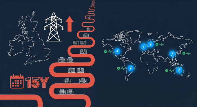 The image shows a comparison between the UK's data centers, which have been described as 'more than the country's entire peak winter demand', and other countries worldwide. It appears that the UK has a significant number of power supply capacity for its data centers due to a large utility queue containing 50 gigawatts (GW) of data center capacity, and several providers are already distributed across multiple independent global platforms like Filecoin. There is also a reference to a 15-year connection wait time and how it relates to the post about prime markets. This information suggests that the UK's energy grid has sufficient resources for its growing demand in data centers compared to other countries around the world.