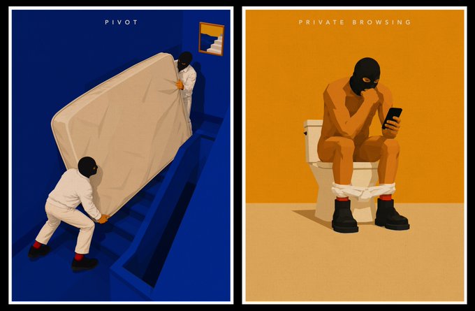 Two illustrated panels titled 'PIVOT' and 'PRIVATE BROWSING' show figures in black balaclavas performing relatable tasks—one carrying a mattress up stairs, another sitting on a toilet using a smartphone.