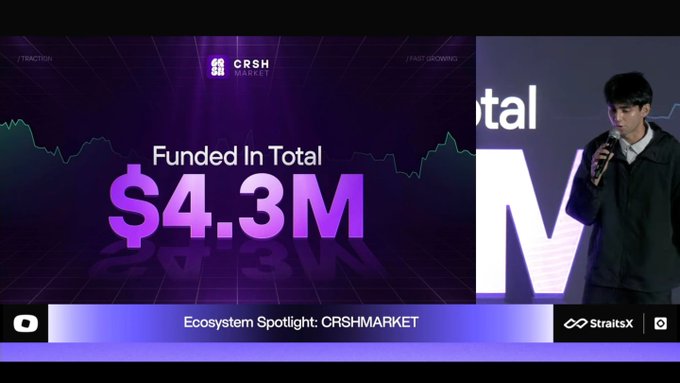 A presentation slide titled "Ecosystem Spotlight: CRSHMARKET" showing "Funded In Total $4.3M" with a presenter holding a microphone, sponsored by StraitsX.
