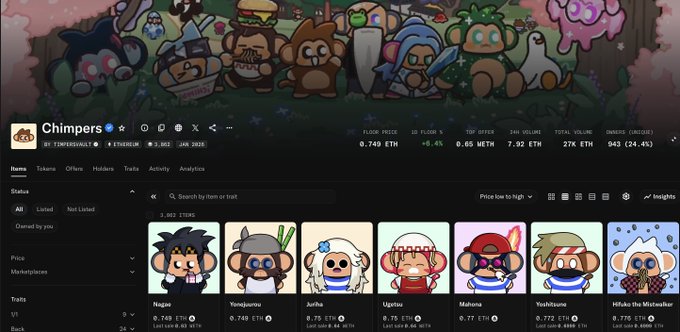 A screenshot of the 'Chimpers' NFT collection page showing various chimp characters with a floor price of '0.740 ETH'.