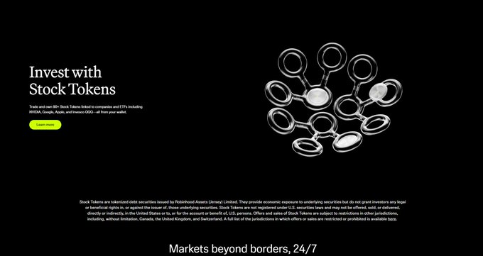 A website advertising "Invest with Stock Tokens" by Robinhood, featuring a network graphic and text about 80+ stocks including NVDA, Google, Apple, and Invesco QQQ, with tagline "Markets beyond borders, 24/7".