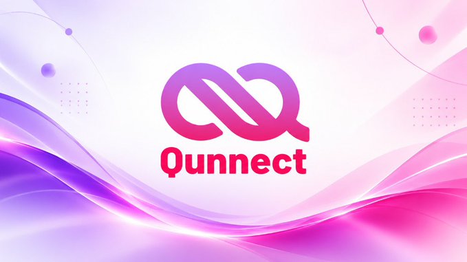 A logo design for 'Qunnect' featuring a stylized purple and pink intertwined 'Q' symbol on a white background with flowing pink and purple abstract waves.