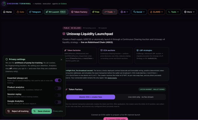 A screenshot of the 'ONESHARE TERMINAL' web platform showing a 'Uniswap Liquidity Launchpad' page, featuring a privacy settings popup with options like essential sign-in, product analytics, and session replay toggles.