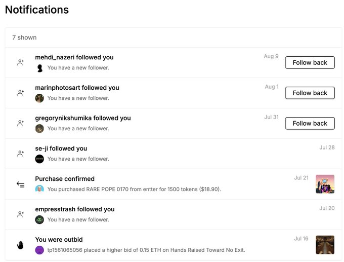 A notifications panel shows 7 alerts including new followers from mehdi_nazeri, marinphotosart, gregorynikshumika, se-ji, and empressstrash, a purchase confirmation for 'RARE POPE 0170' for 1500 tokens ($18.90), and an outbid notice on 'Hands Raised Toward No Exit'.