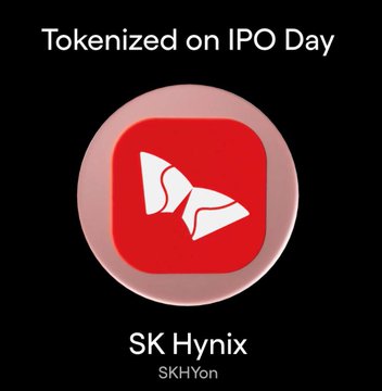 The image shows a promotional graphic for SK Hynix's tokenized asset, featuring the SK Hynix red logo inside a circular badge with the text "Tokenized on IPO Day" at the top and the ticker "$SKHYon" at the bottom. The graphic visually represents the launch of SK Hynix as a tokenized real-world asset (RWA) on BNB Chain via Ondo Finance, as referenced in the accompanying post.