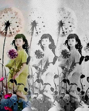 A black and white artwork featuring three girls in vintage dresses with dandelion flowers, accented with touches of yellow, pink, and red.