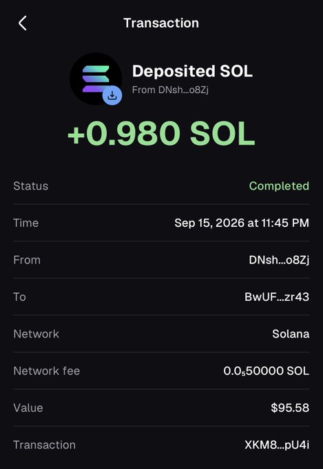 A completed Solana transaction showing a +0.980 SOL (~$95.58) deposit from DNsh...o8ZJ to BwUF...zr43, dated Sep 15, 2026, with a network fee of 0.0005 SOL. The image appears to document the crypto deposit the anonymous poster is referencing in their tweet, illustrating the kind of unexpected financial support from strangers (such as @Hashbergers) that left them feeling grateful and speechless.