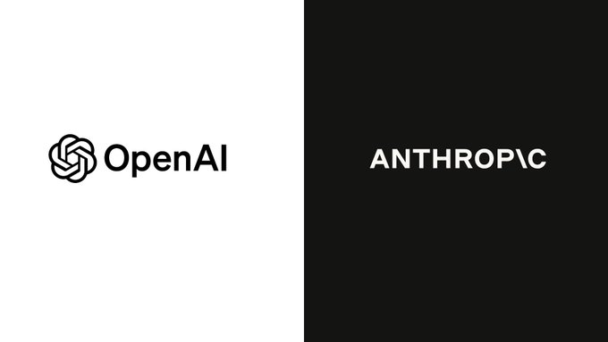 A split-screen graphic displaying the OpenAI logo on a white background on the left and the Anthropic logo on a black background on the right.