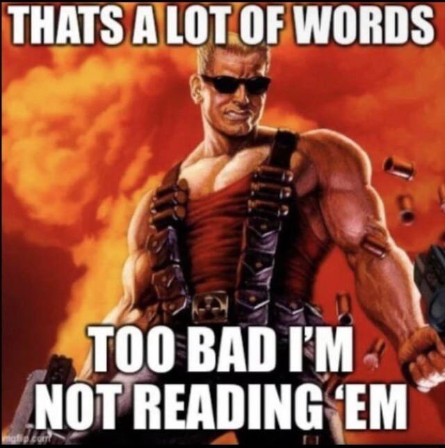 A heavily-muscled, sunglasses-wearing action hero stands amid explosions and bullet casings, with bold text reading "THATS A LOT OF WORDS" at the top and "TOO BAD I'M NOT READING 'EM" at the bottom—mocking anyone who writes long posts, fitting the "MoonPay rn" caption as a humorous dismissal of verbose commentary.