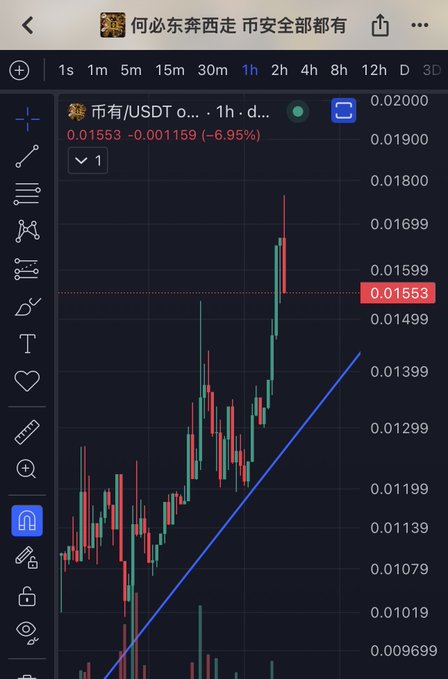 A candlestick chart on TradingView displays the 市有/USDT pair on a 1-hour timeframe, showing the token trading at 0.01553 USDT with a 6.95% decline (-0.001159). The price action illustrates a strong uptrend followed by a recent sharp pullback from highs near 0.01800, visually representing the volatile "constant shocks and lifts" rally described in the post.