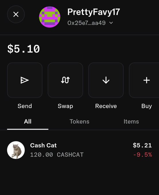 A cryptocurrency wallet interface showing account 'PrettyFavy17' with a balance of $5.10, displaying 120.00 CASHCAT tokens valued at $5.21 with a -9.5% change.