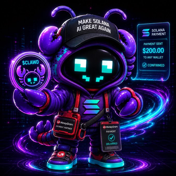 The image features a robot character dressed in purple armor, holding two coins in one hand and a piece of paper with payment information in the other hand. The robot appears to be waving its arms while smiling at the camera. In the background, there is text that says "Don't forget about me @clawddevs @x402 anon $clawd When you need an agent for payments.. Just ask clawd or me on @solana X402.wtf", which seems to be related to payment instructions and payment details.