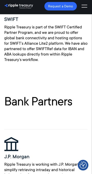 Mobile website screenshot from Ripple Treasury showing a 'SWIFT' section describing partnerships with SWIFT and Alliance Lite2, and a 'Bank Partners' section listing J.P. Morgan.