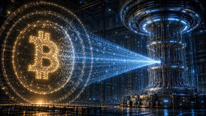 This futuristic image depicts the Bitcoin symbol under the futuristic gaze of a large, complex machine, symbolizing Galaxy Digital's $5 million commitment to quantum-resistant cryptography for Bitcoin. The blue light beam emanating from the machine could represent the advancement of technology or a threat that Bitcoin needs protection from.