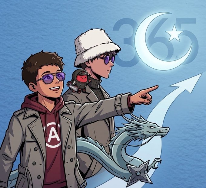 The image features two cartoon characters, one wearing a hat with an A on it and another wearing a hat with a number 65 on it. They are standing next to each other, pointing towards something above them. The background of the image has a blue sky and a white crescent moon. There is also a dragon in the bottom right corner of the image.
