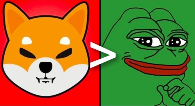 A meme image showing a split panel with a Shiba Inu dog on a red background pointing an arrow at a smug-looking green Pepe the Frog character.