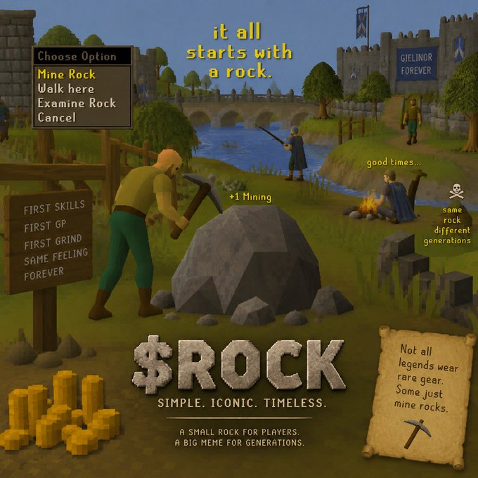 A RuneScape-themed meme poster featuring a character mining a rock, with text reading 'it all starts with a rock' and '$ROCK - SIMPLE. ICONIC. TIMELESS.'