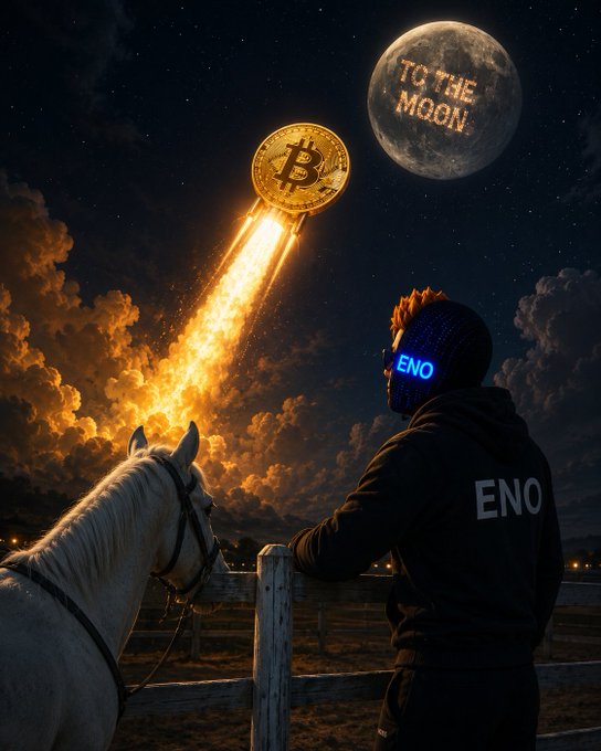 A digital art piece depicting a person in a hoodie and LED mask labeled 'ENO' leaning on a fence next to a white horse, watching a Bitcoin rocket fly toward a moon inscribed with 'TO THE MOON'.