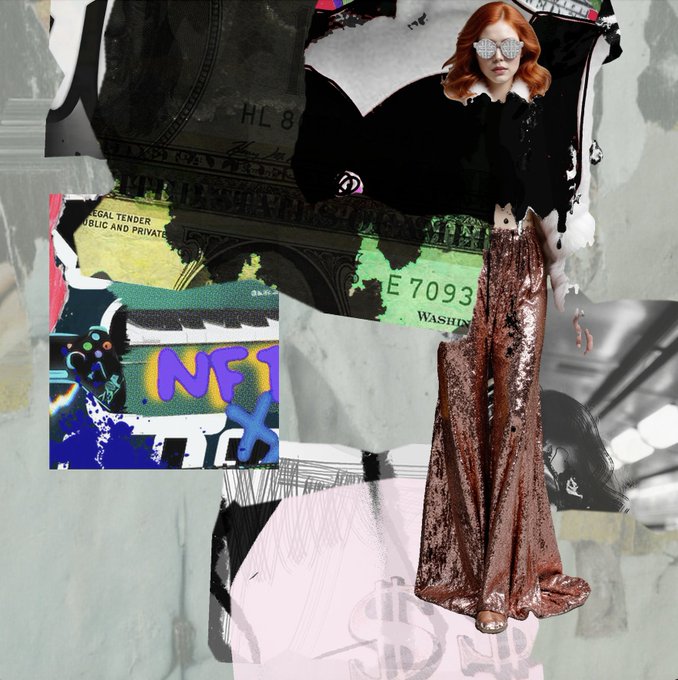 A mixed-media collage featuring a model with red hair, pixelated sunglasses, and a black top paired with a sequined brown skirt, set against a chaotic background of torn paper showing currency details, an 'NFT' graffiti tag, and a dollar sign.