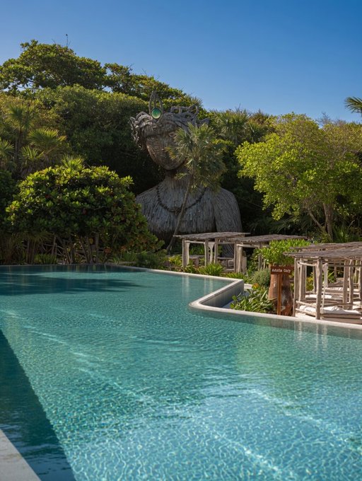 A massive wooden statue of a crowned figure stands among tropical greenery beside a crystal-clear turquoise pool, with a sign reading "Estela City" visible on the right. The serene scene of an empty resort pool bathed in morning sunlight perfectly complements a cheerful "Good morning" greeting, evoking a peaceful start to the day at this tropical retreat.
