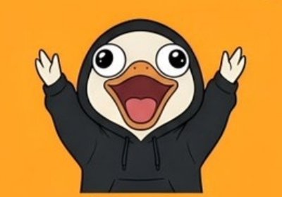 The image features a cartoon duck wearing a hoodie with its arms raised high above its head. The duck appears to be expressing excitement or joy, possibly due to an event or accomplishment. The background of the image is orange, which contrasts nicely with the black hoodie and adds visual interest to the scene. There are no texts present in the image, so it focuses solely on the cartoon duck's expression and its surroundings.